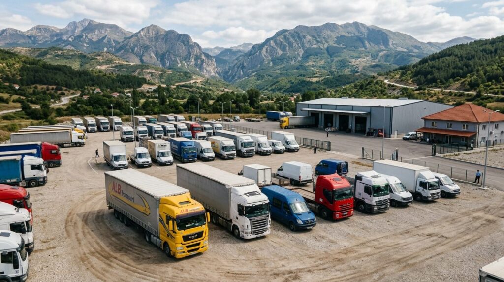High-quality photograph of multiple commercial trucks and de