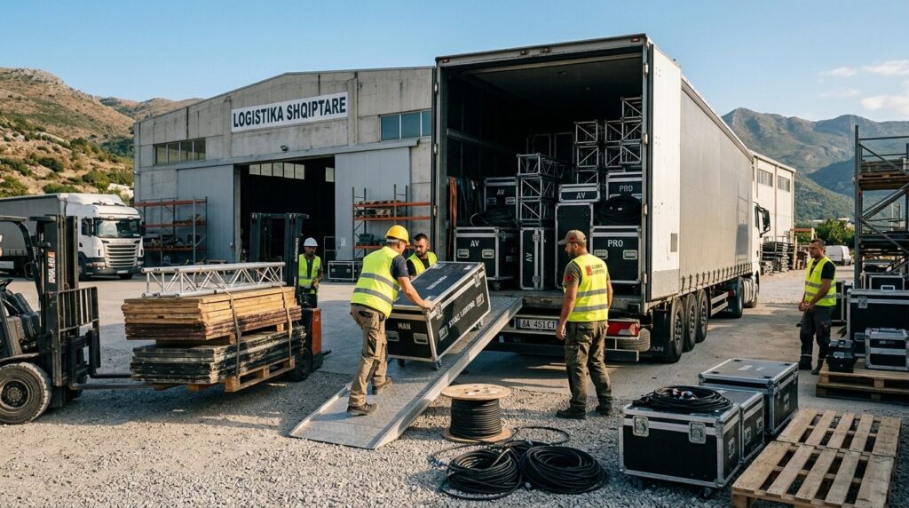 Detailed shot of event equipment and cargo being loaded onto