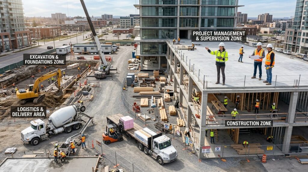Professional photorealistic scene showing construction site