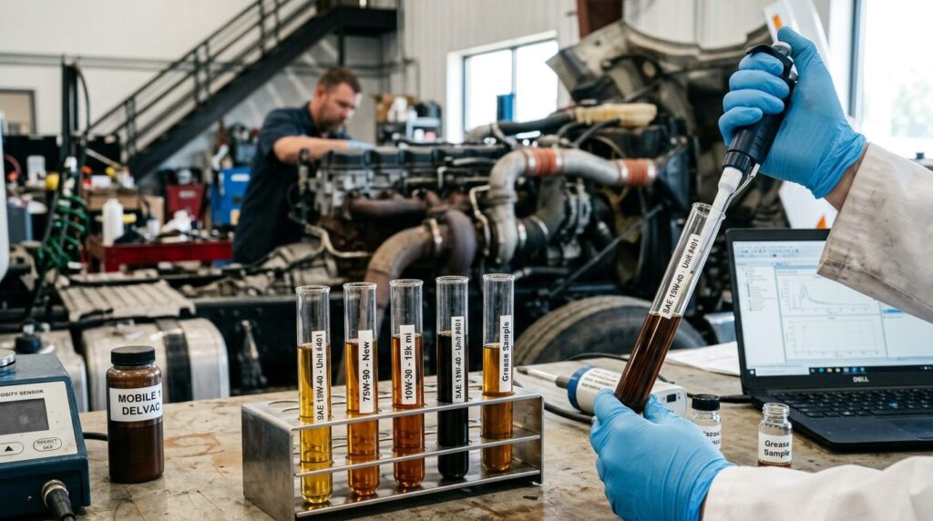 Close-up photorealistic shot of industrial lubricant oil sam