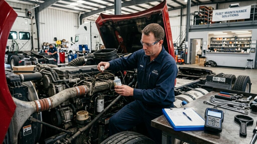 Realistic image of a truck mechanic performing preventive ma
