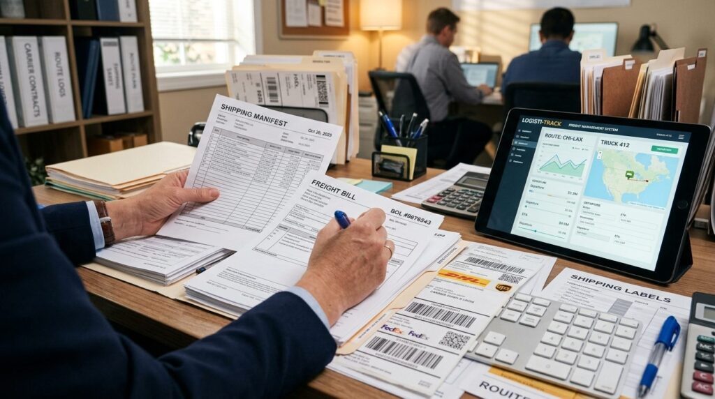 Close-up photograph of a logistics professionals hands work