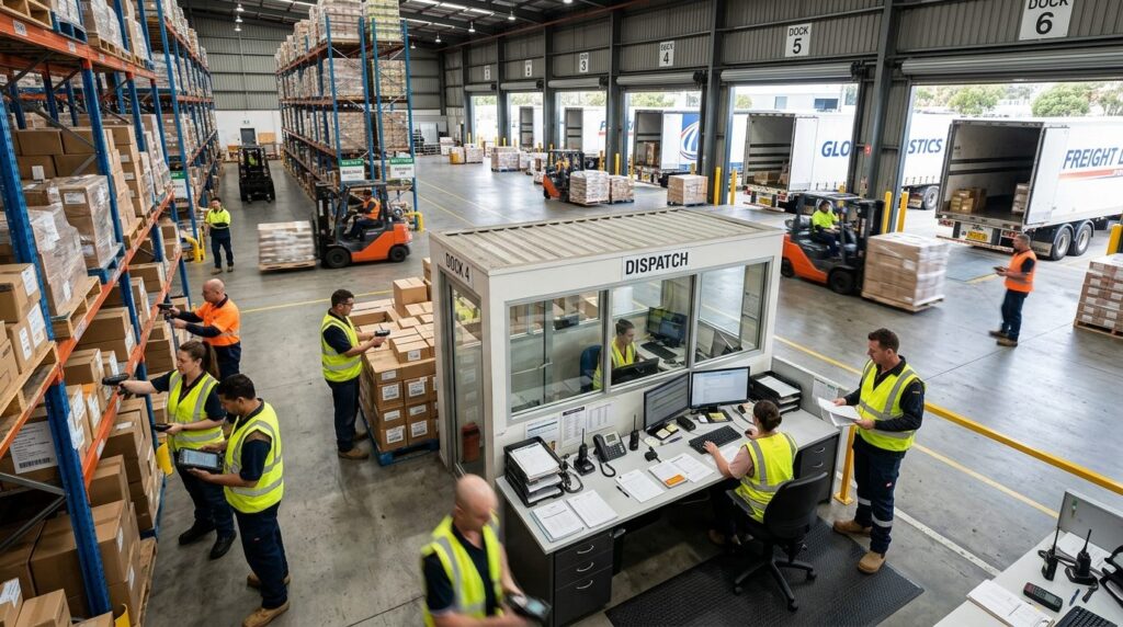Wide-angle photograph of a busy freight forwarding warehouse
