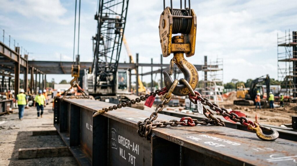 Close-up view of a truck-mounted crane hook and load-bearing