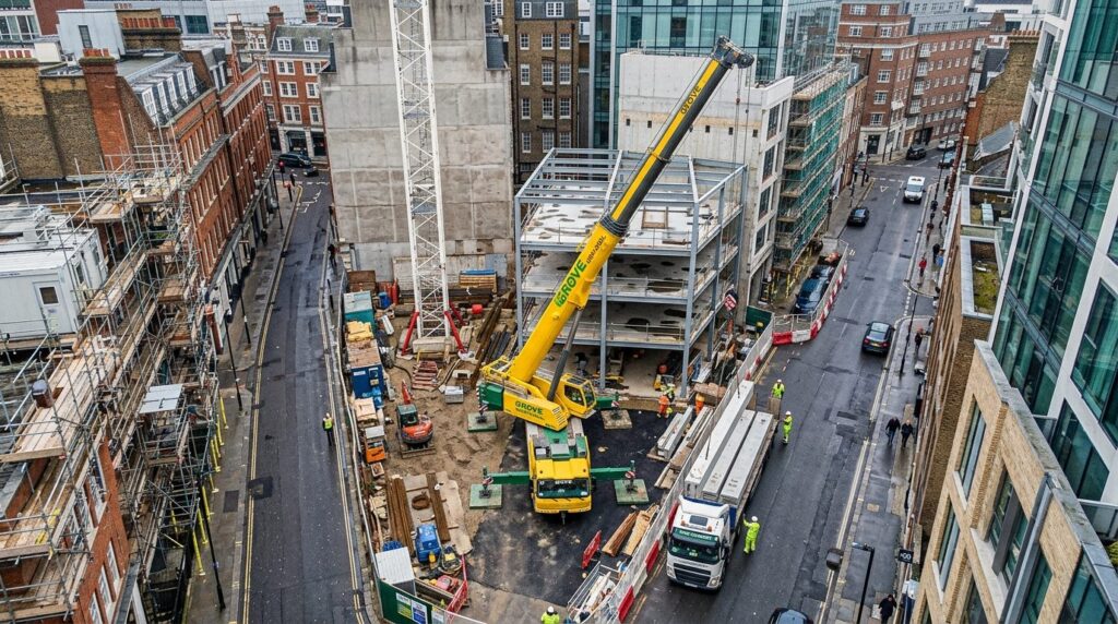 Aerial view of a compact all-terrain crane operating in a co