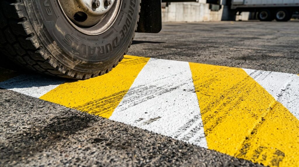 Close-up detail shot of thermoplastic road marking on wareho