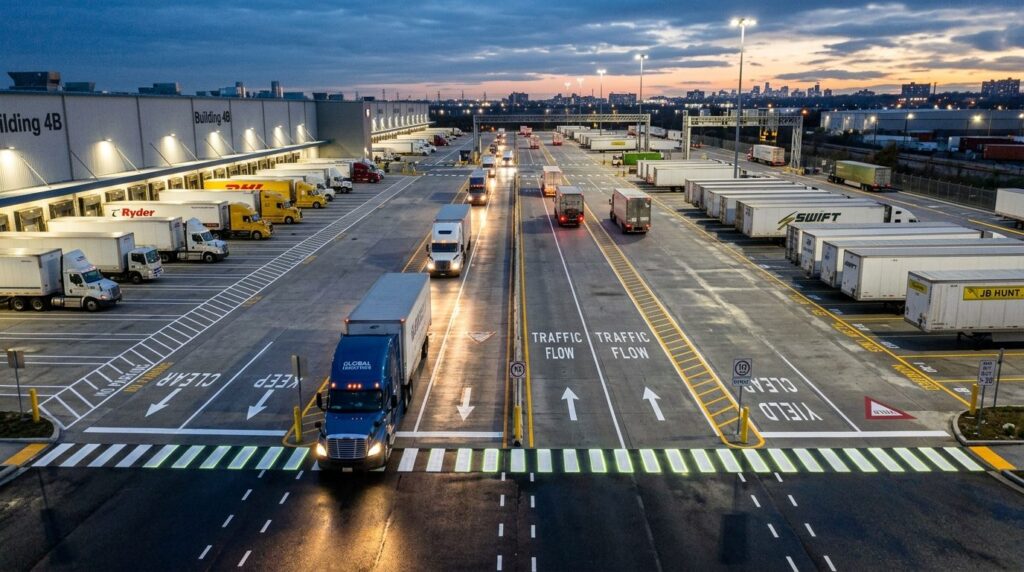 Wide-angle view of a busy trucking terminal at dusk with ill