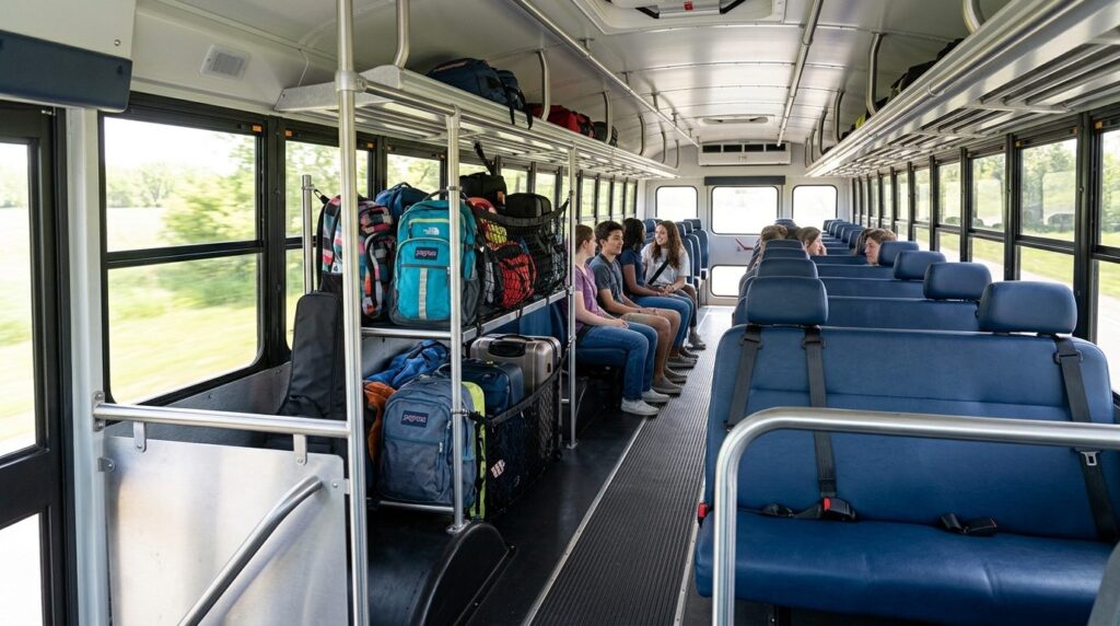Close-up interior view of a spacious student transport truck