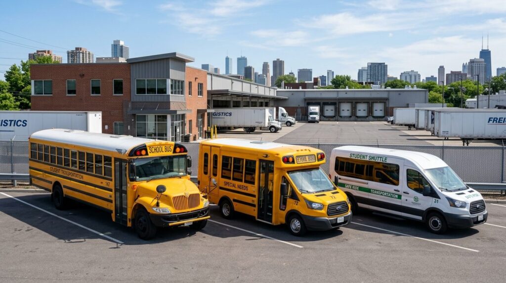 Wide angle exterior shot of a fleet of three different speci